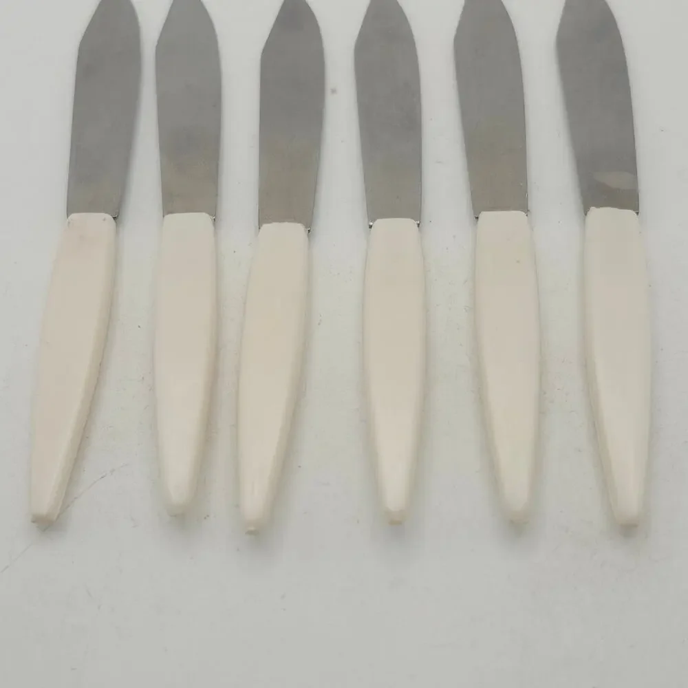 Vintage 6 Mini Cocktail Appetizer‎ Knives Japan Cream Gold Floral MCM Stainless